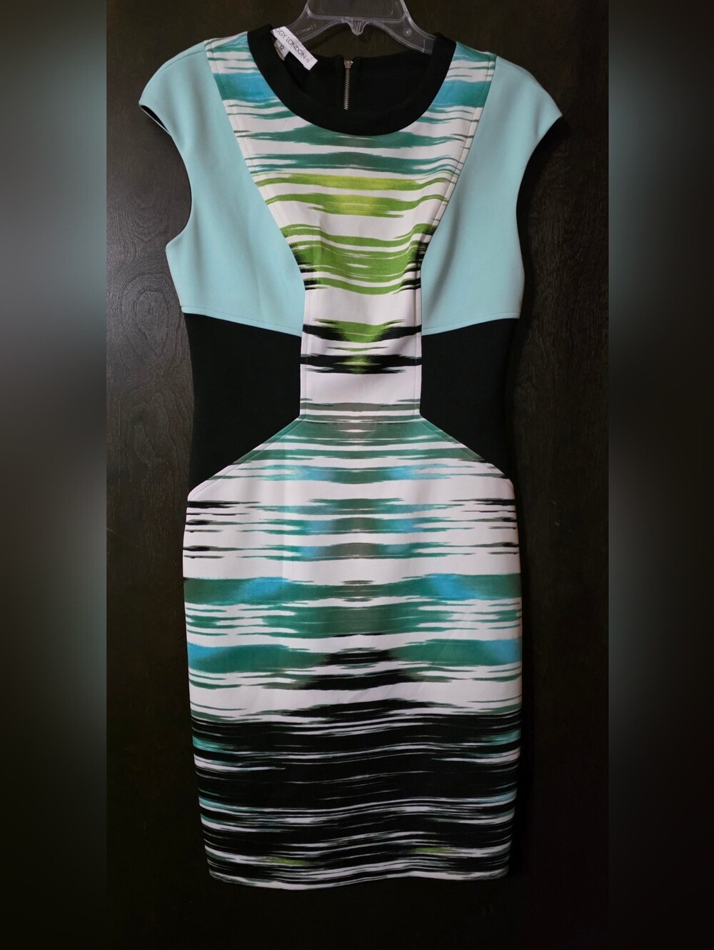 Maggy London Aqua-Teal-Black Patterned Sheath Dress Stretch Women's Size 12